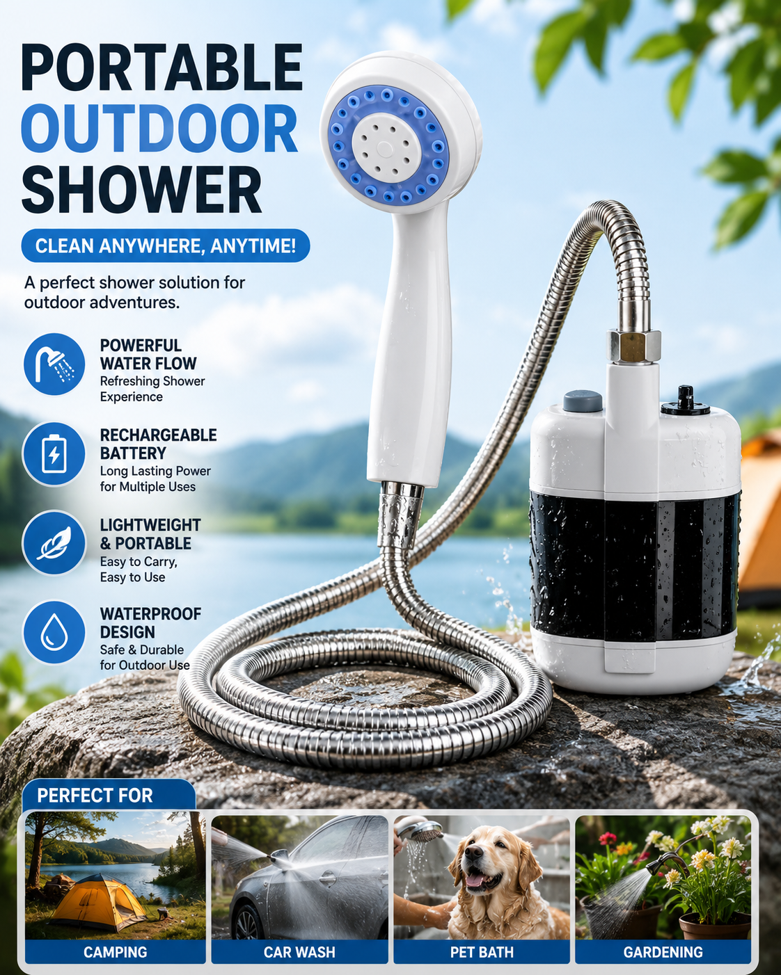 Rechargeable outdoor shower